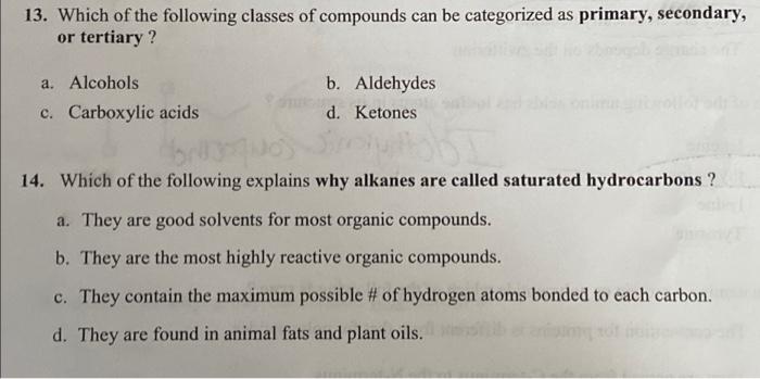 13 Which Of The Following Classes Of Compounds Can Be Categorized As Primary Secondary Or Tertiary A Alcohols C Ca 1