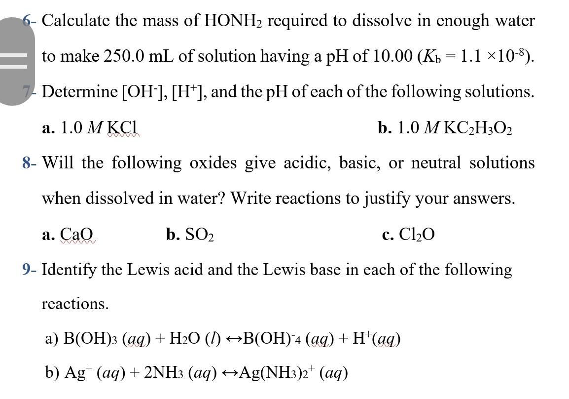 1 Order The Following From The Strongest To The Weakest Acid Hc1o2 H2o Nh4 Hc104 9 2 Values Of Kw As A Function O 2