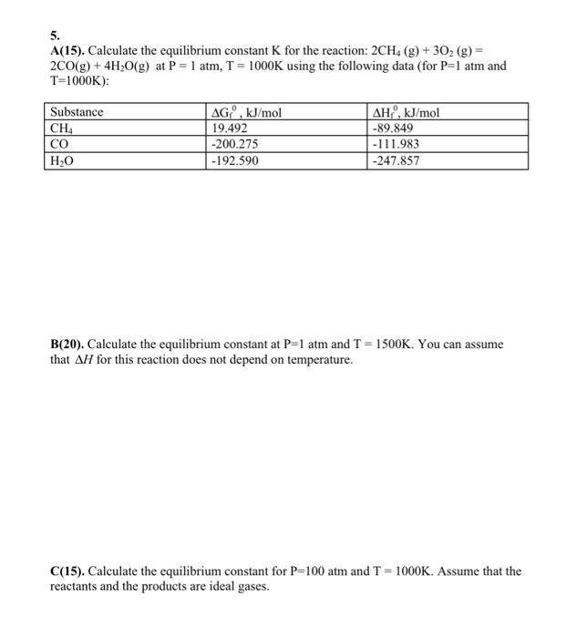 5 A 15 Calculate The Equilibrium Constant K For The Reaction 2ch4 G 302 G 2co G 4h2o G At P 1 Atm T 1