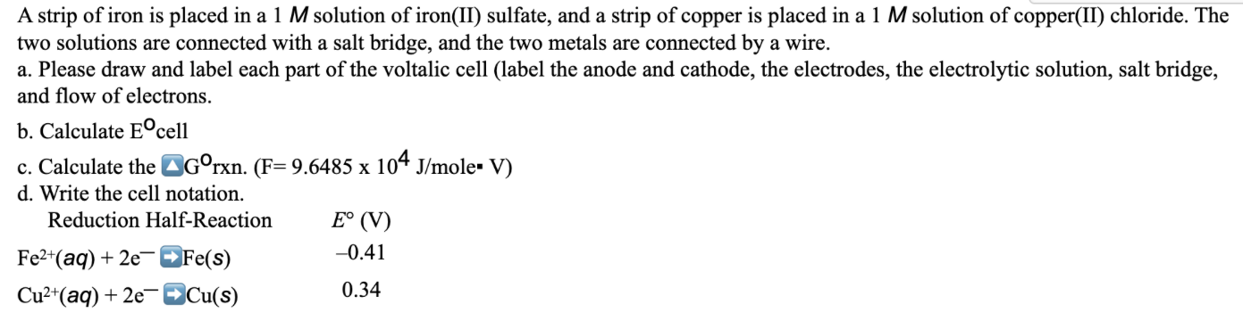 A Strip Of Iron Is Placed In A 1 M Solution Of Iron Ii Sulfate And A Strip Of Copper Is Placed In A 1 M Solution Of Co 1