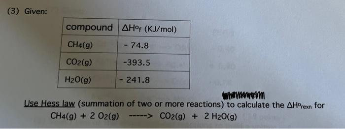 3 Given Compound Ah F Kj Mol Ch4 G 74 8 Co2 9 393 5 H2o G 241 8 Whomom Use Hess Law Summation Of Two Or Mo 1