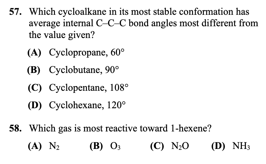57 Which Cycloalkane In Its Most Stable Conformation Has Average Internal C C C Bond Angles Most Different From The Val 1