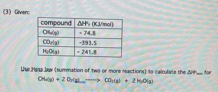 3 Given Compound Ahof Kj Mol Ch G 74 8 Co2 9 393 5 H2o G 241 8 Use Hess Law Summation Of Two Or More Reacti 1