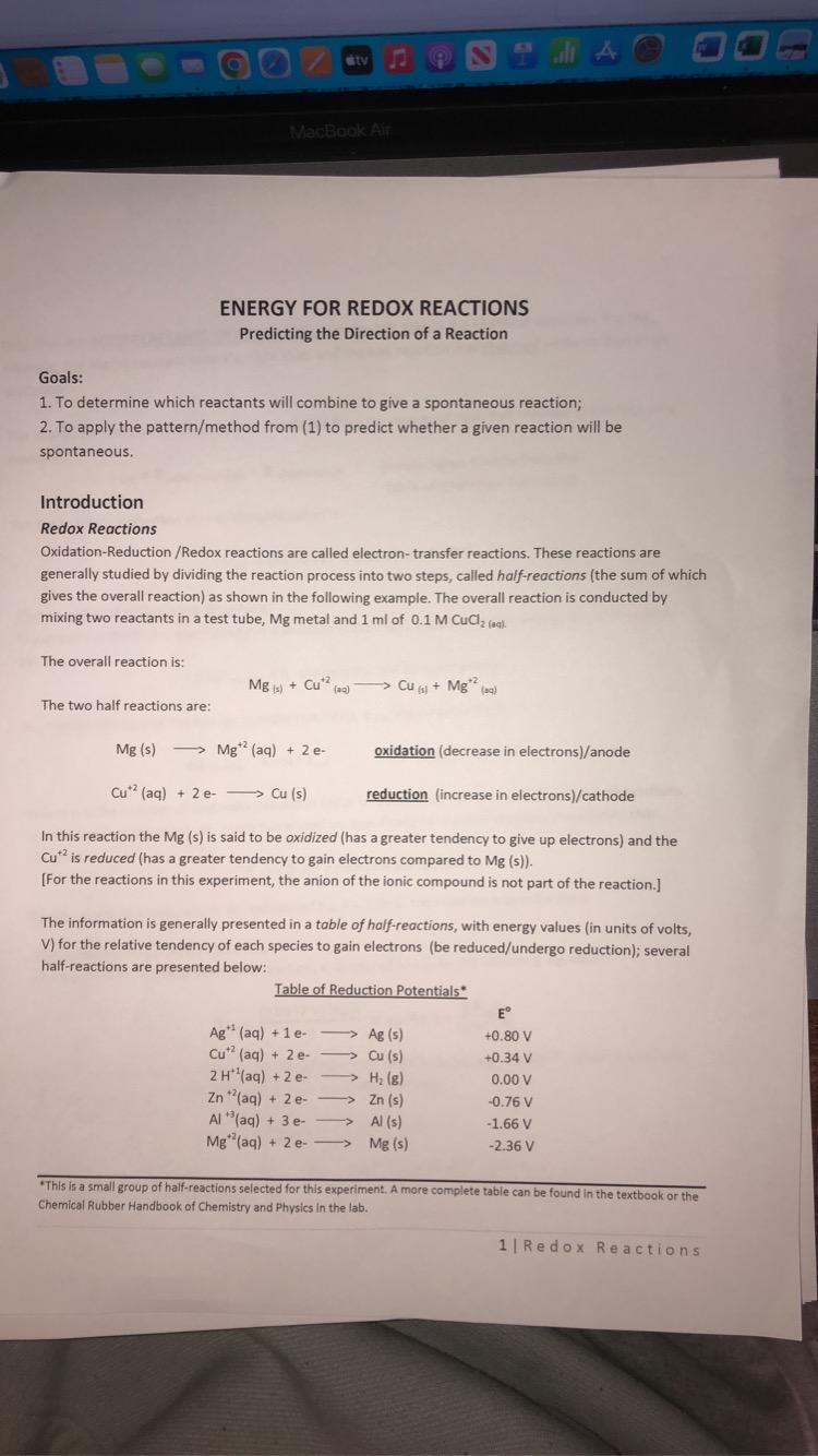 Please Show Work And Answer In Readable Handwriting Thanks Do Questions Based On The Table Of Reduction Potentials 1