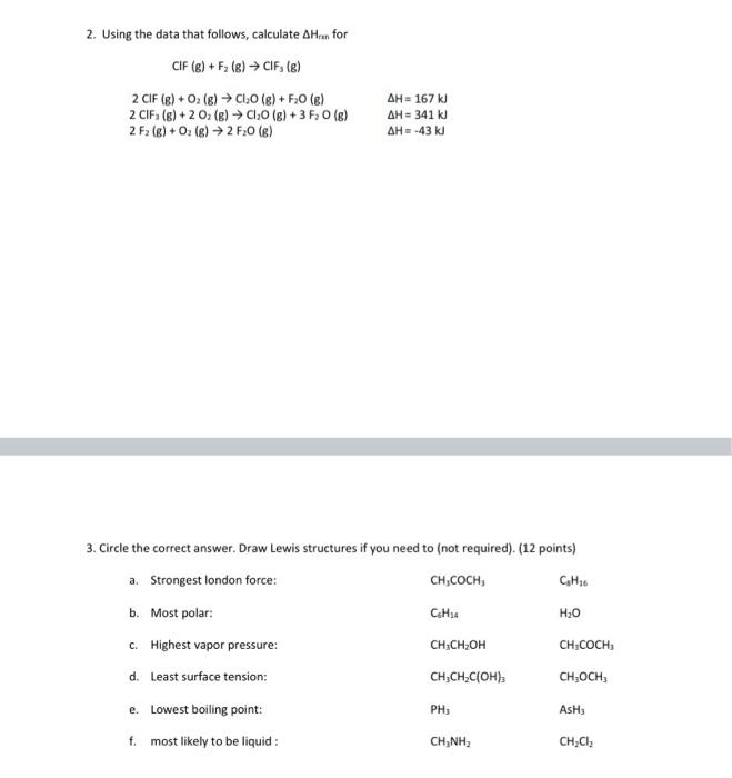 2 Using The Data That Follows Calculate Ah For Cif E F E Cif G 2 Cif 6 O2 G C10 E F 0 E 2 Ci 1