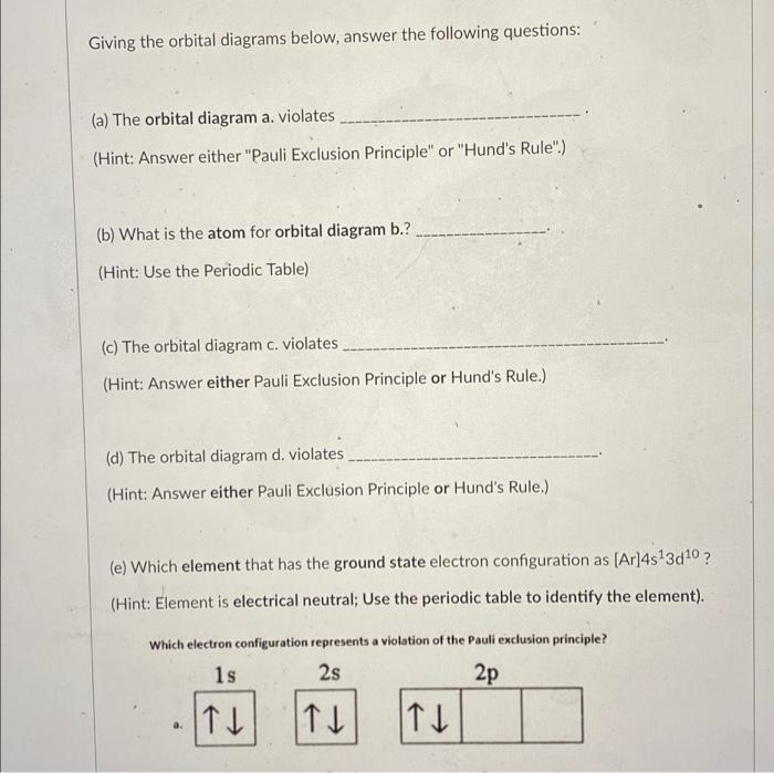 Giving The Orbital Diagrams Below Answer The Following Questions A The Orbital Diagram A Violates Hint Answer Eit 1