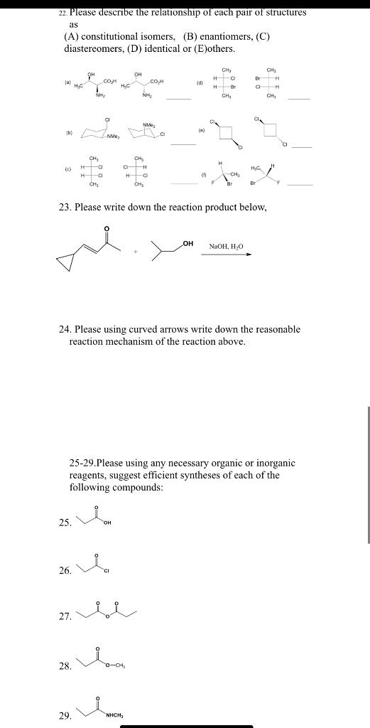 22 Please Describe The Relationship Of Each Pair Of Structures As A Constitutional Isomers B Enantiomers C Dias 1