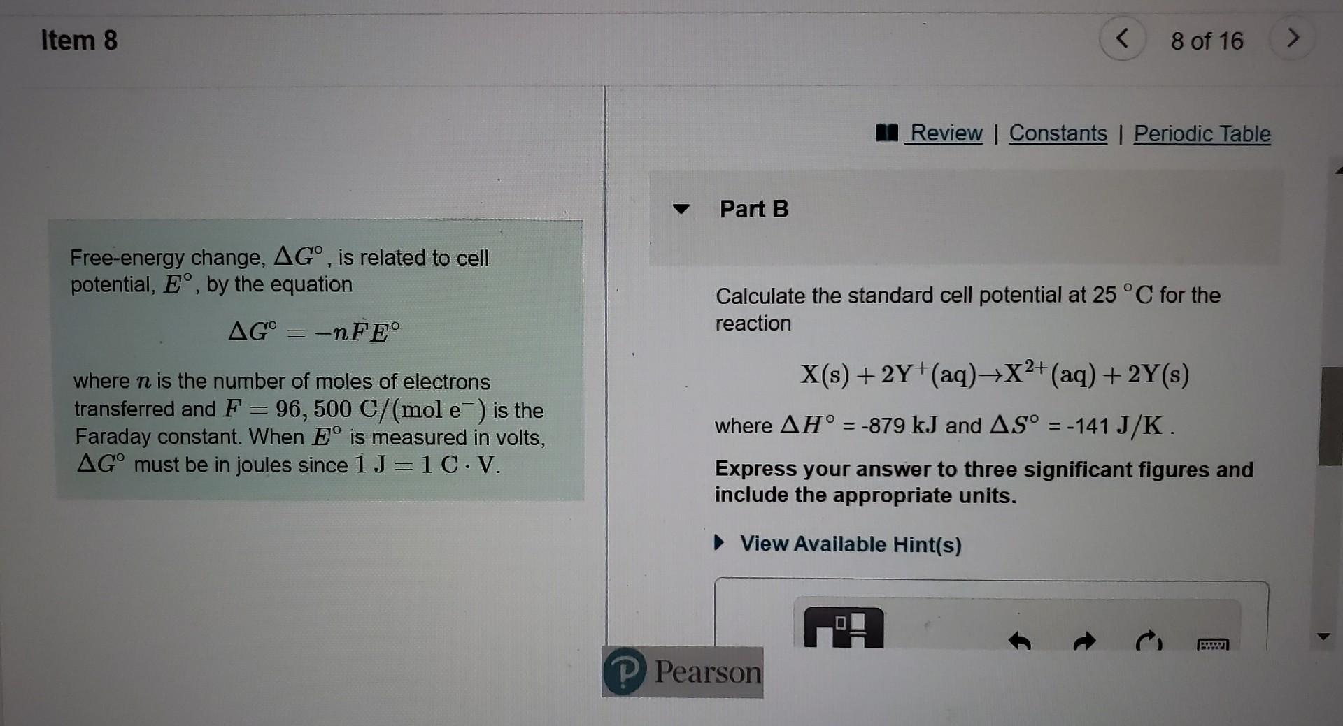Item 8 8 Of 16 Review Constants 1 Periodic Table Part B Free Energy Change Ag Is Related To Cell Potential Eo 1