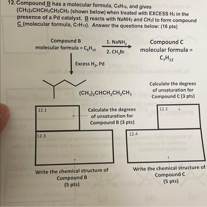 12 Compound B Has A Molecular Formula C6h10 And Gives Ch3 2chch2ch2ch3 Shown Below When Treated With Excess H2 In 1