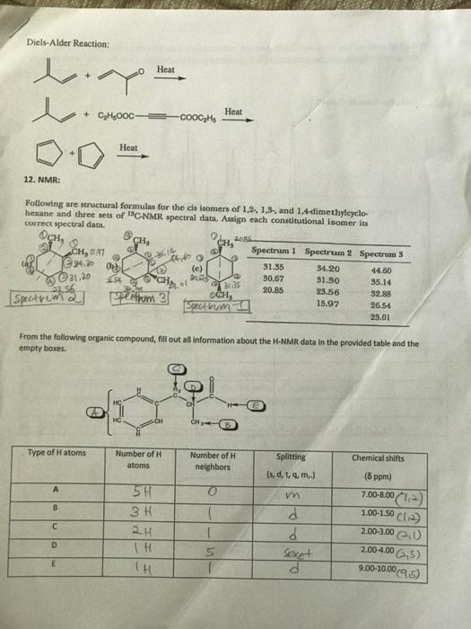 Diels Alder Reaction Heat W Chooc Heat Cooch Heat 12 Nmr Ch Ch Following Are Structural Formulas For The Cis Isom 1