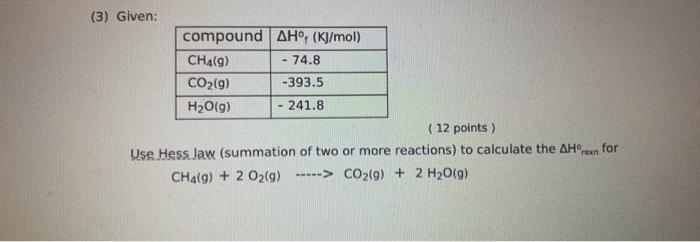 3 Given Compound Aho Kj Mol Ch4 G 74 8 Co2 9 393 5 H2019 241 8 12 Points Use Hess Jaw Summation Of Two Or 1