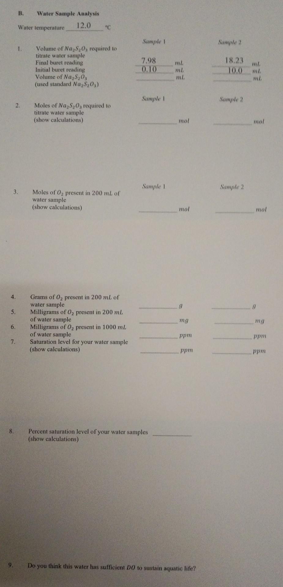 B Water Sample Analysis Water Temperature 12 0 C Sample 1 Sample 2 1 Volume Of Na Required To Titrate Water Sample F 1