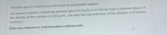 An Es Solution Containing Ethylene Ch17 By Mass In Ethylene Er The Density Of The Solution Is 103 Cache Concentration Of 1