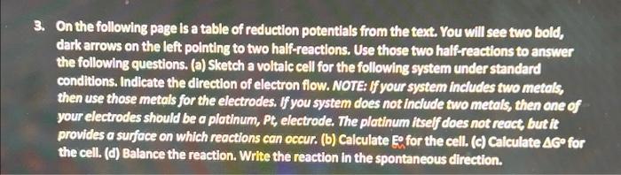 3 On The Following Page Is A Table Of Reduction Potentials From The Text You Will See Two Bold Dark Arrows On The Lef 1