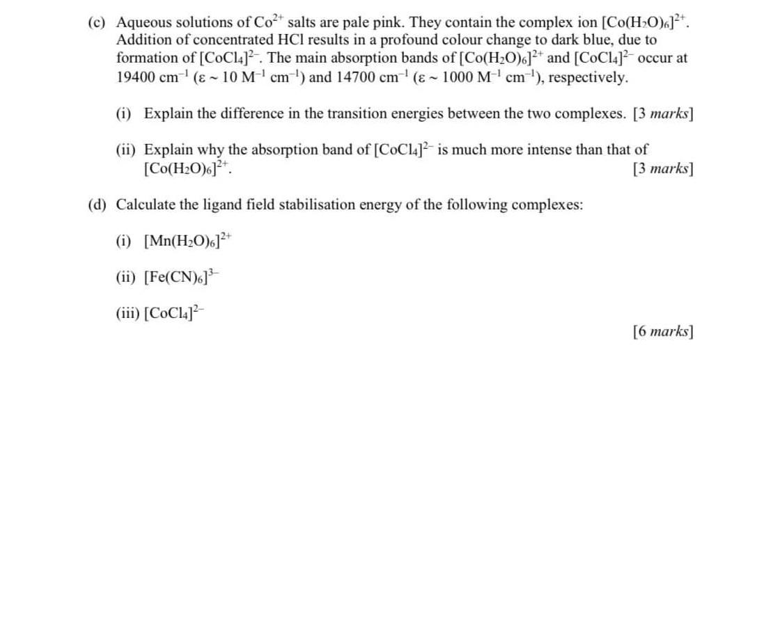 C Aqueous Solutions Of Co2 Salts Are Pale Pink They Contain The Complex Ion Co H20 X 2 Addition Of Concentrated H 1