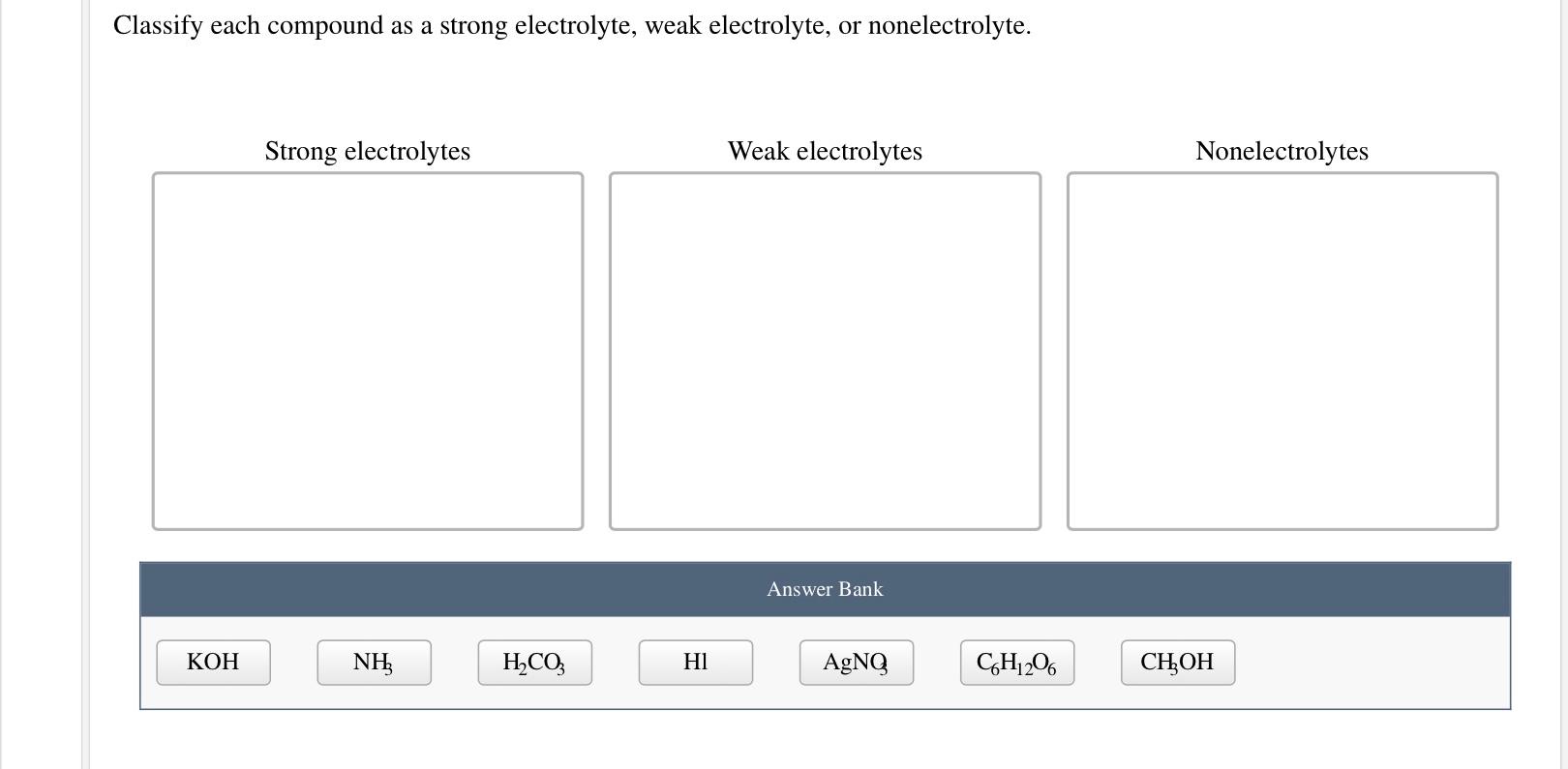 Classify Each Compound As A Strong Electrolyte Weak Electrolyte Or Nonelectrolyte Strong Electrolytes Weak Electrolyt 1