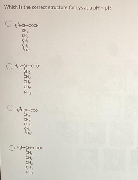 Which Is The Correct Structure For Lys At A Ph Pl Hx Ch Cooh Ch2 Ch Ch2 Ch Nh H2n Ch Coo Ch2 Ch2 Ch2 Ch2 Nh2 H Ch C 1