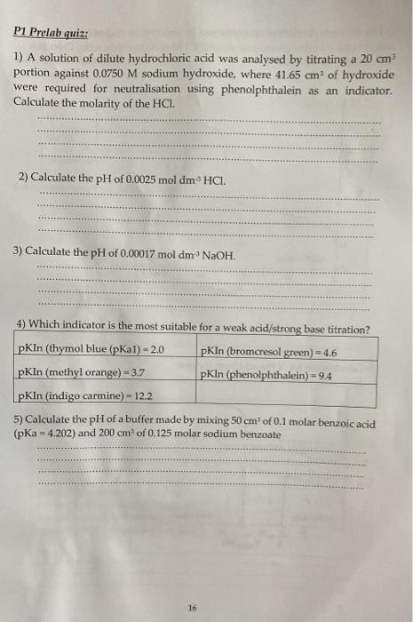 P1 Prelab Quiz 1 A Solution Of Dilute Hydrochloric Acid Was Analysed By Titrating A 20 Cm Portion Against 0 0750 M Sod 1