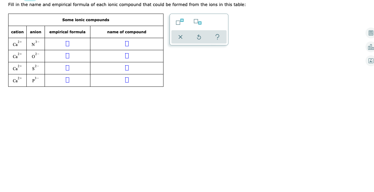Fill In The Name And Empirical Formula Of Each Ionic Compound That Could Be Formed From The Ions In This Table Some Ion 1