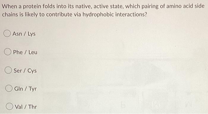 When A Protein Folds Into Its Native Active State Which Pairing Of Amino Acid Side Chains Is Likely To Contribute Via 1