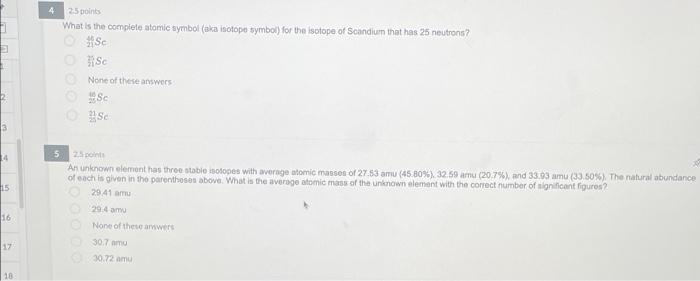 4 25 Points What Is The Complete Atomic Symbol Aka Isotope Symbol For The Isotope Of Scandium That Has 25 Neutrons Sc 1