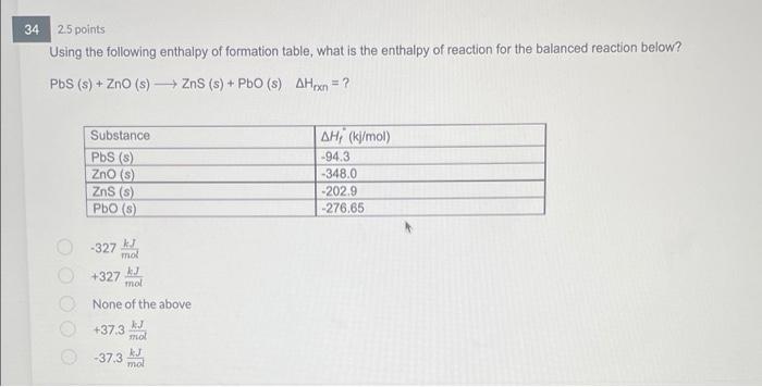 34 2 5 Points Using The Following Enthalpy Of Formation Table What Is The Enthalpy Of Reaction For The Balanced Reactio 1