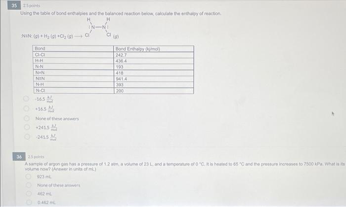 H 35 25 Points Using The Table Of Bond Enthalpies And The Balanced Reaction Below Calculate The Enthalpy Of Reaction H 1