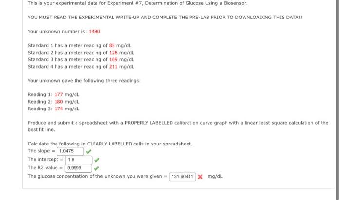 This Is Your Experimental Data For Experiment 7 Determination Of Glucose Using A Biosensor You Must Read The Experime 1