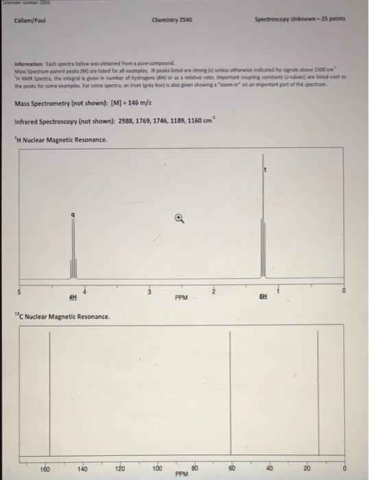 Callam Paul Chemistry 2500 Spectroscopy Unknown 25 Points Information Each Spectra Below Was Obtained From Spore Comp 1