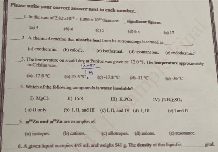Please Write Your Correct Answer Next To Each Sumber 1 In The Sum Of 2 82 X 106 1 096 X 10 There Are Significant Fig 1