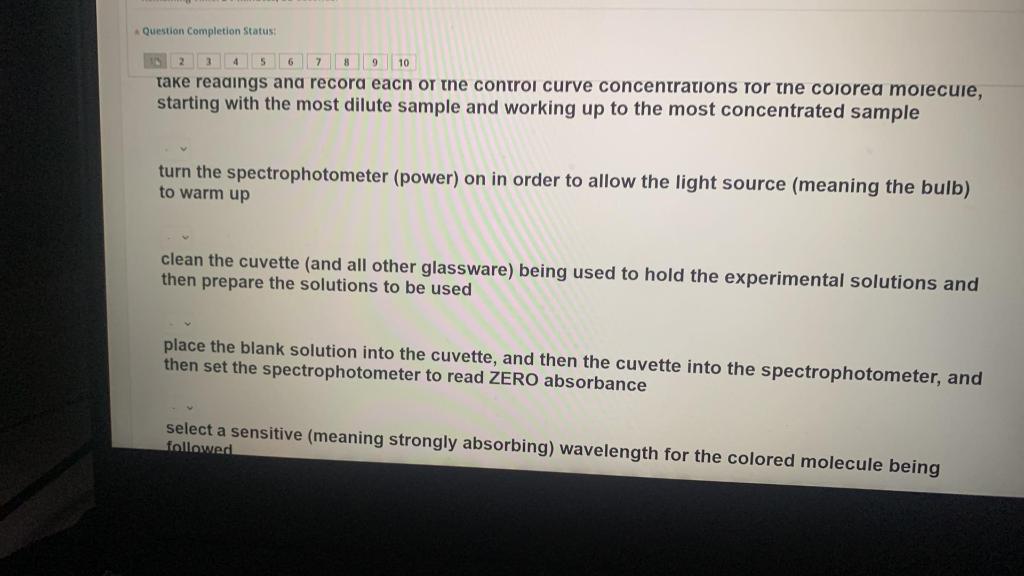 Question Completion Status 2 7 9 10 Take Readings And Record Each Of The Control Curve Concentrations For The Colorea M 1