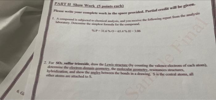 Part Ii Show Work 5 Points Each Please Write Your Complete Work In The Space Provided Partial Credit Wit Be Given 1 1