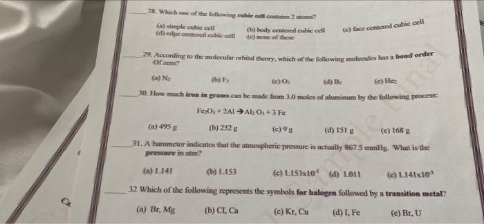 28 Which One Of The Following The Cell Com 2 To A Simple Cubic Cell B Body Centered Cubic Cell D Edge Centered Cu 1