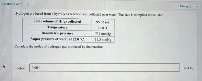 Question 1 Of 13 Attempt 2 Hydrogen Produced From A Hydrolysis Reaction Was Collected Over Water The Data Is Compiled 1