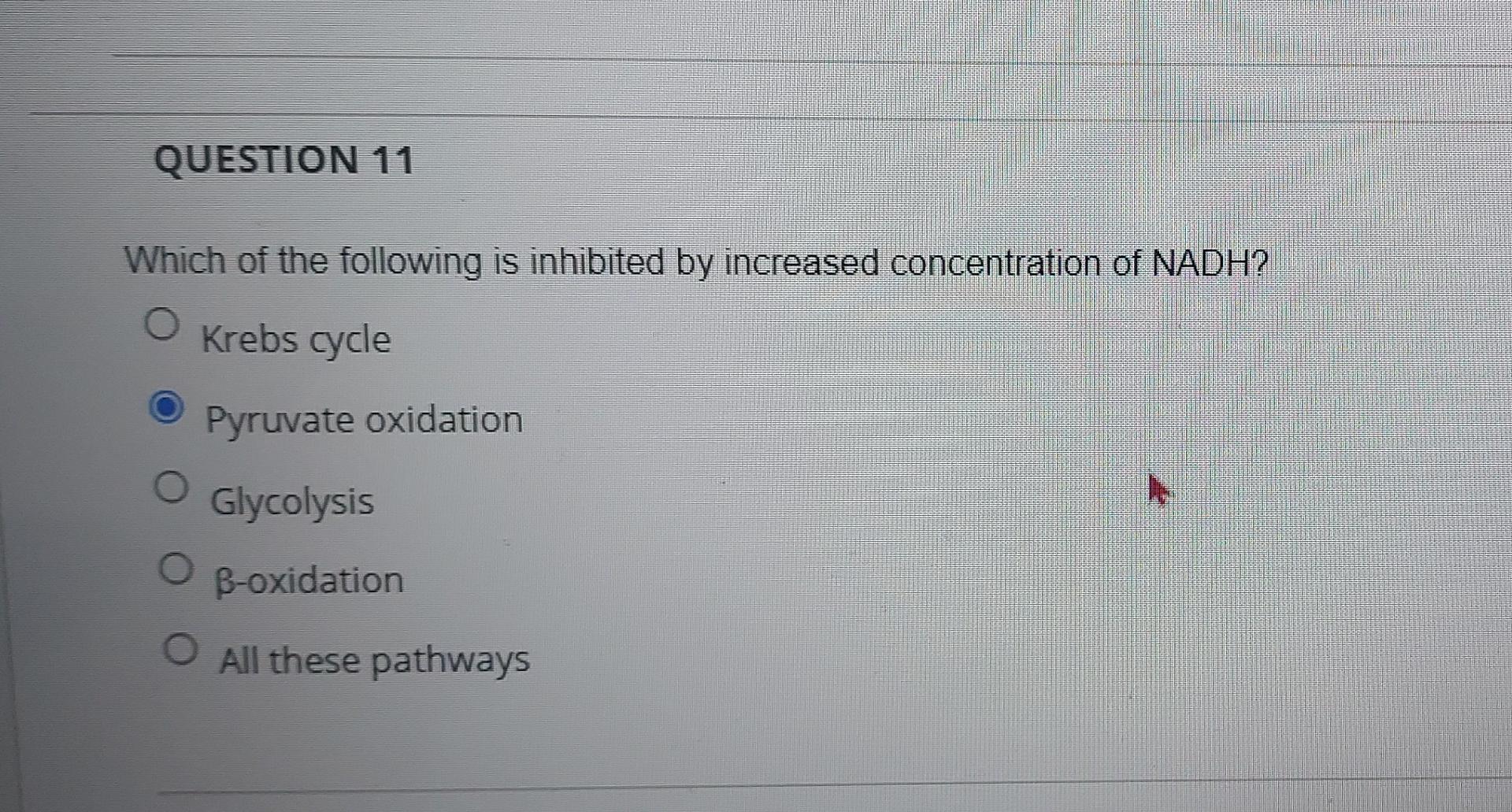 Question 11 Which Of The Following Is Inhibited By Increased Concentration Of Nadh O Krebs Cycle Pyruvate Oxidation O G 1