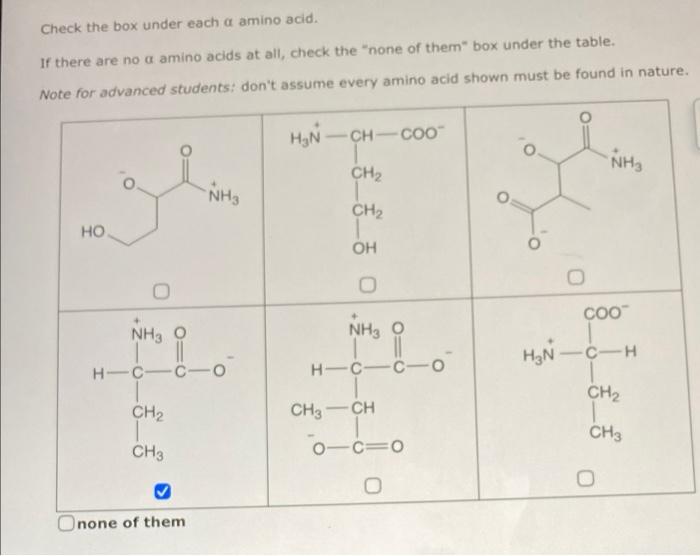 Check The Box Under Each A Amino Acid If There Are No A Amino Acids At All Check The None Of Them Box Under The Tabl 1