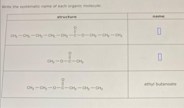 Write The Systematic Name Of Each Organic Molecule Structure Name Bo Ch Ch Ch 0 Ch3 Ch2 Ch3 Ch2 Ch2 C Ch2 1
