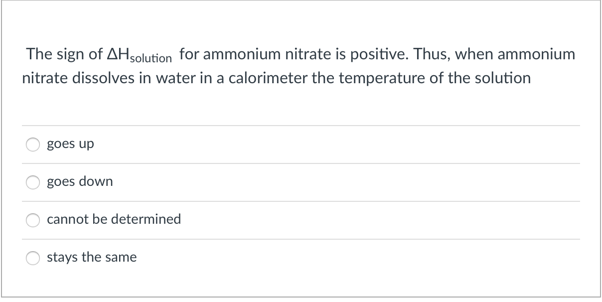 The Sign Of Ah Solution For Ammonium Nitrate Is Positive Thus When Ammonium Nitrate Dissolves In Water In A Calorimete 1