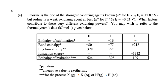4 A Fluorine Is The One Of The Strongest Oxidizing Agents Known E For F1 F2 2 87 V But Iodine Is A Weak Oxidizin 1