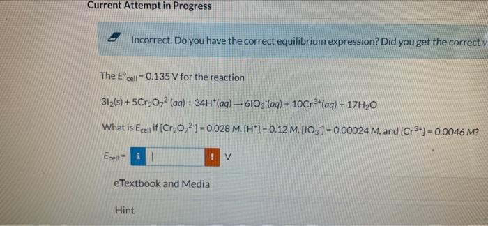 Current Attempt In Progress Incorrect Do You Have The Correct Equilibrium Expression Did You Get The Correct The Eocel 1