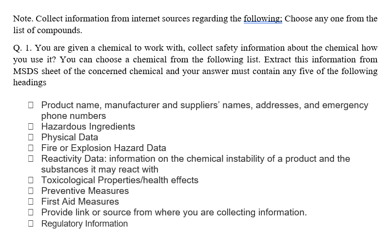 Note Collect Information From Internet Sources Regarding The Following Choose Any One From The List Of Compounds Q 1 1