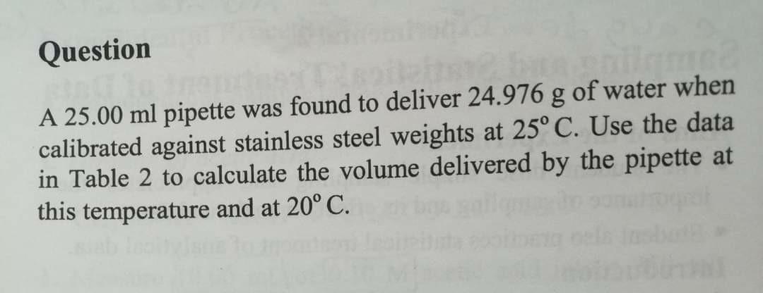 Question A 25 00 Ml Pipette Was Found To Deliver 24 976 G Of Water When Calibrated Against Stainless Steel Weights At 25 1