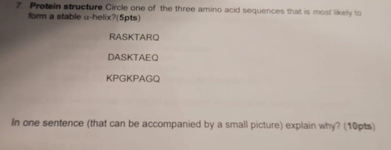 7 Protein Structure Circle One Of The Three Amino Acid Sequences That Is Most Likely To Form A Stable A Helix 5pts Ras 1