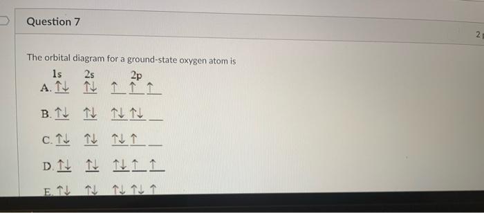 Question 7 2 The Orbital Diagram For A Ground State Oxygen Atom Is Ls 2s 2p A It 1 I 1 B 1 1 1 1 C 1 1 7 I Dl L La 1