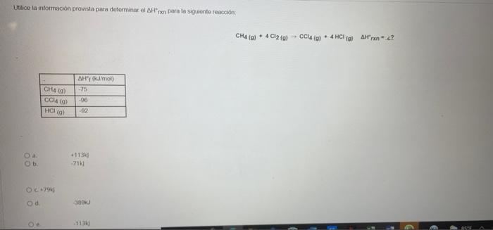 Utilice La Informacion Provista Para Determinar El Ah Px Para La Siguiente Reaccion Ch4 Q 4cl2 Fal Cc Gl4 Hcl A Ah 1