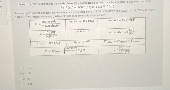 Ber Mo 1 M Un Quimico Mezclo Soluciones De Nitrato De Hierro Ii Y Tiocianato De Potasio Para Llevar A Cabo La Siguient 1