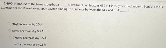 In 1hho Atom C3a Of The Heme Group Has A Substituent While Atom Ne2 Of His 92 From The Ss Subunit Bonds To The Fe Ato 1