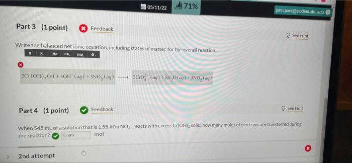 03 Question 4 Points Answer The Four Questions Below Related To The Spontaneous Redox Reaction That Occurs When Cr Oh 3