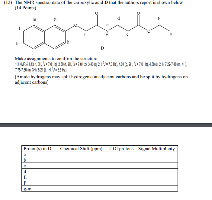 12 The Nmr Spectral Data Of The Carboxylic Acid D That The Authors Report Is Shown Below 14 Points M G D B F N H A 1