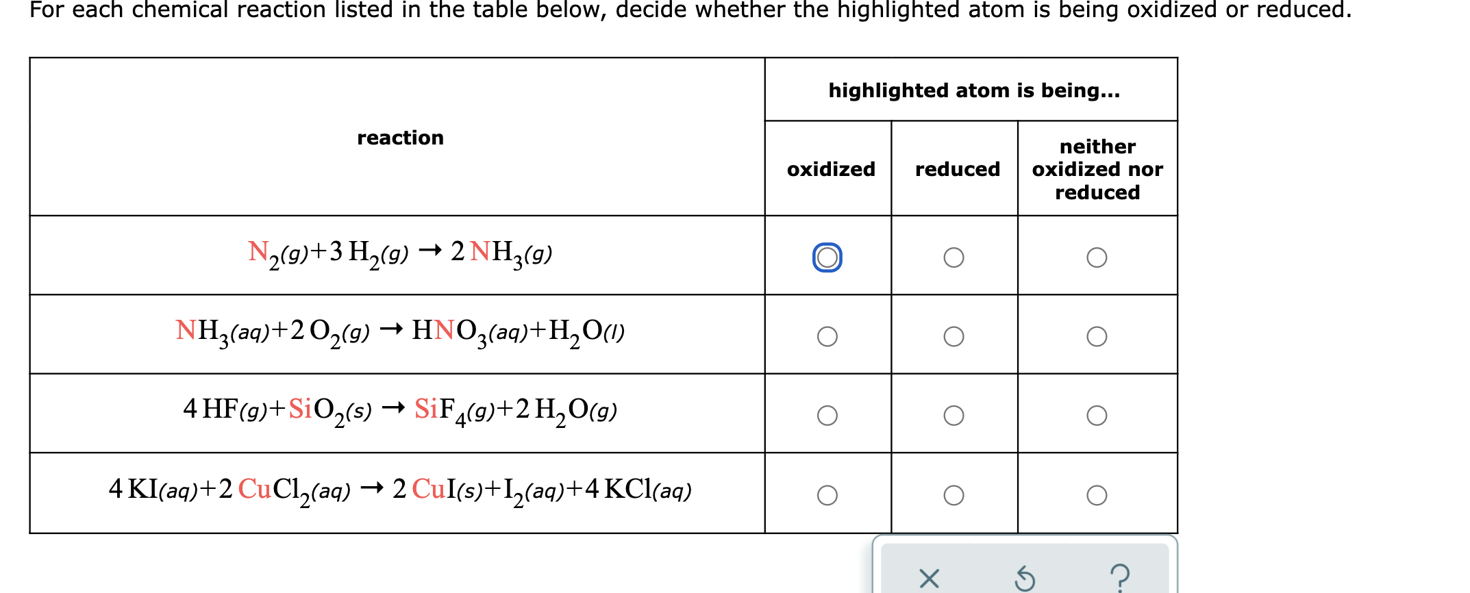 For Each Chemical Reaction Listed In The Table Below Decide Whether The Highlighted Atom Is Being Oxidized Or Reduced 1